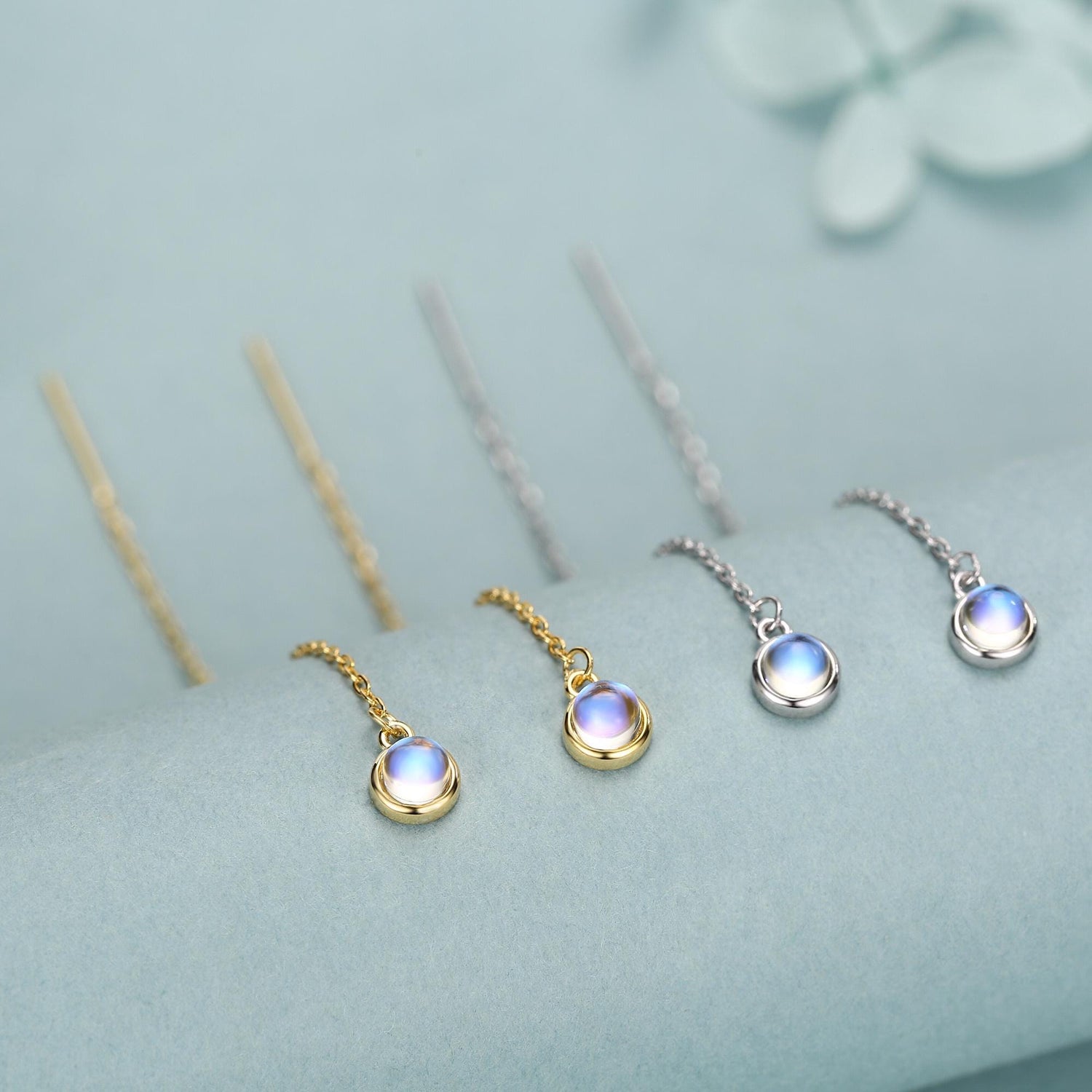 Sterling Silver Tiny Moonstone Coin Ear Threader Earrings, Silver or Gold, Lab Moonstone Drop Earrings, Minimalist Threader Earrings