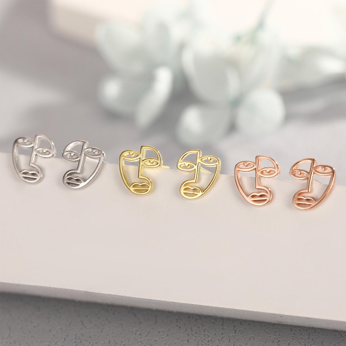 Art Inspired Asymmetric Face Stud Earrings in Sterling Silver, Silver, Gold or Rose Gold, Face Earrings