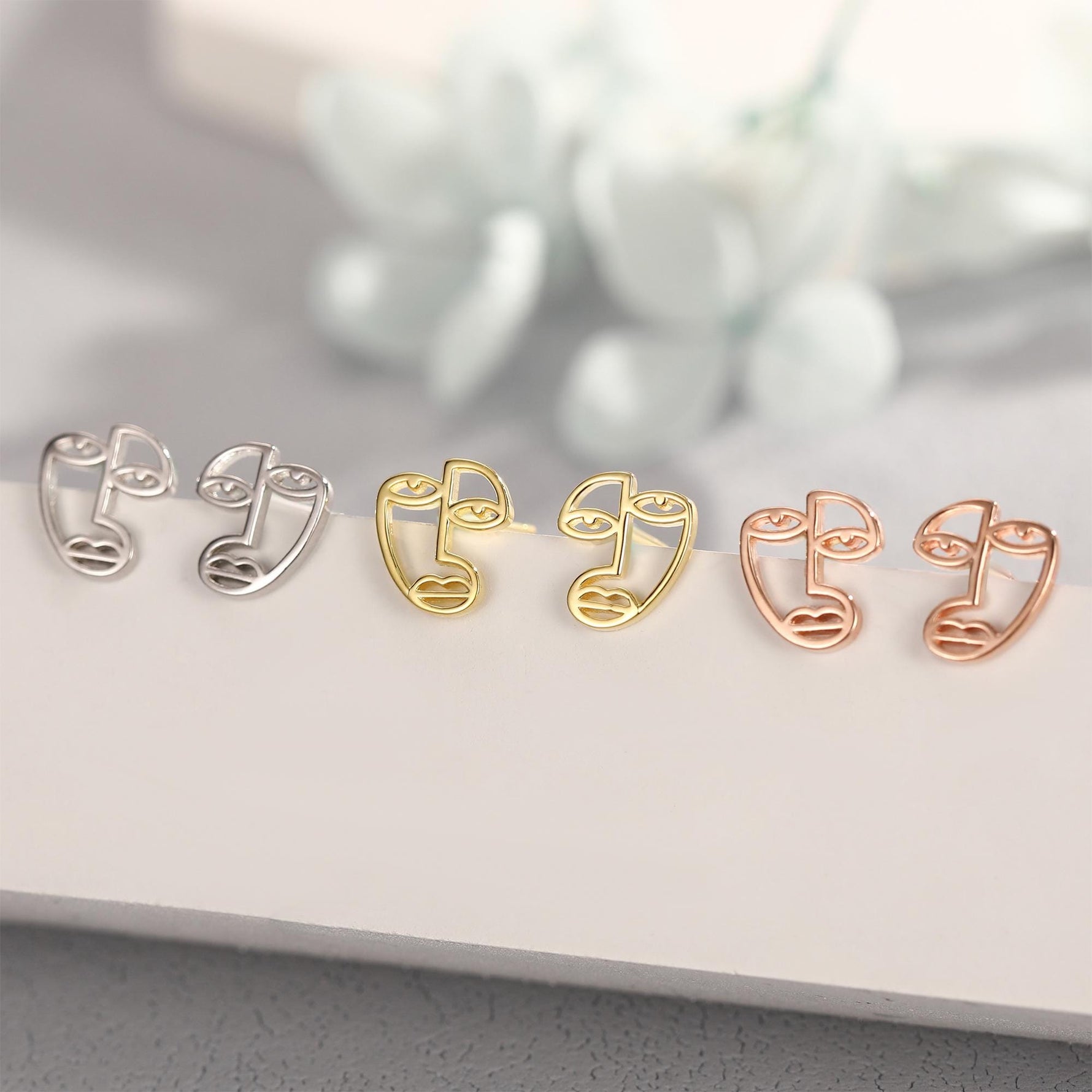 Art Inspired Asymmetric Face Stud Earrings in Sterling Silver, Silver, Gold or Rose Gold, Face Earrings