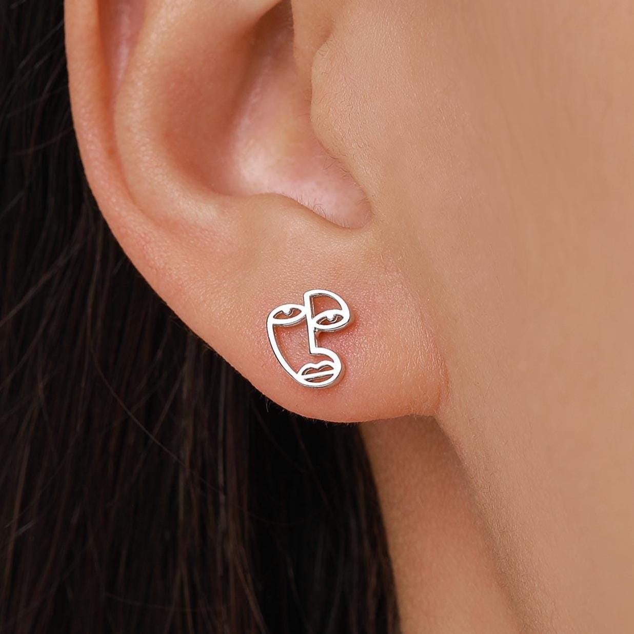 Art Inspired Asymmetric Face Stud Earrings in Sterling Silver, Silver, Gold or Rose Gold, Face Earrings