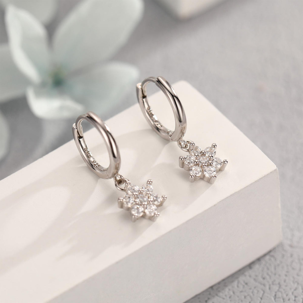 Tiny CZ Flower Dangle Huggie Hoop in Sterling Silver, Silver or Gold or Rose Gold, Skinny CZ Snowflake Earrings, CZ Flower Hoops