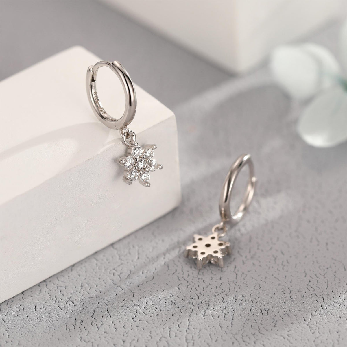 Tiny CZ Flower Dangle Huggie Hoop in Sterling Silver, Silver or Gold or Rose Gold, Skinny CZ Snowflake Earrings, CZ Flower Hoops
