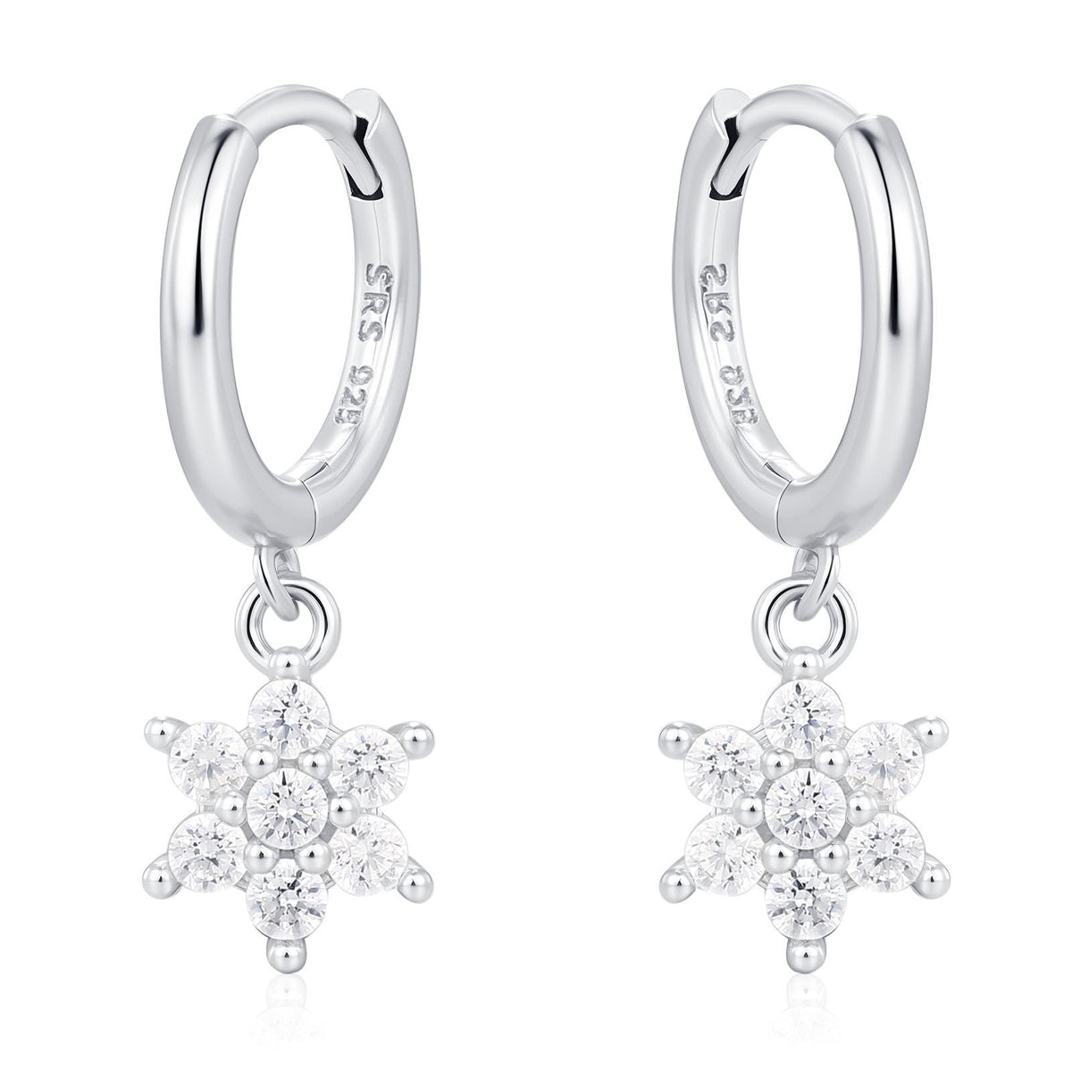 Tiny CZ Flower Dangle Huggie Hoop in Sterling Silver, Silver or Gold or Rose Gold, Skinny CZ Snowflake Earrings, CZ Flower Hoops