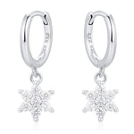 Tiny CZ Flower Dangle Huggie Hoop in Sterling Silver, Silver or Gold or Rose Gold, Skinny CZ Snowflake Earrings, CZ Flower Hoops