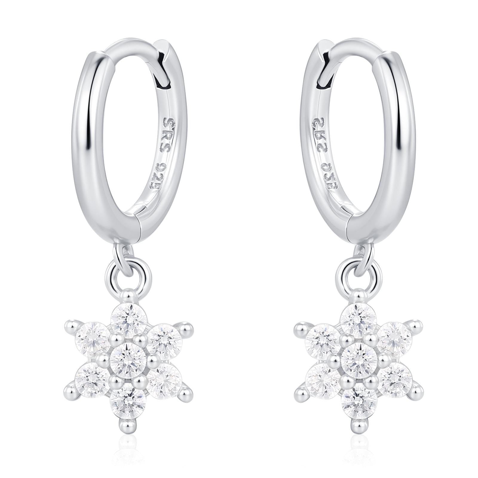 Tiny CZ Flower Dangle Huggie Hoop in Sterling Silver, Silver or Gold or Rose Gold, Skinny CZ Snowflake Earrings, CZ Flower Hoops