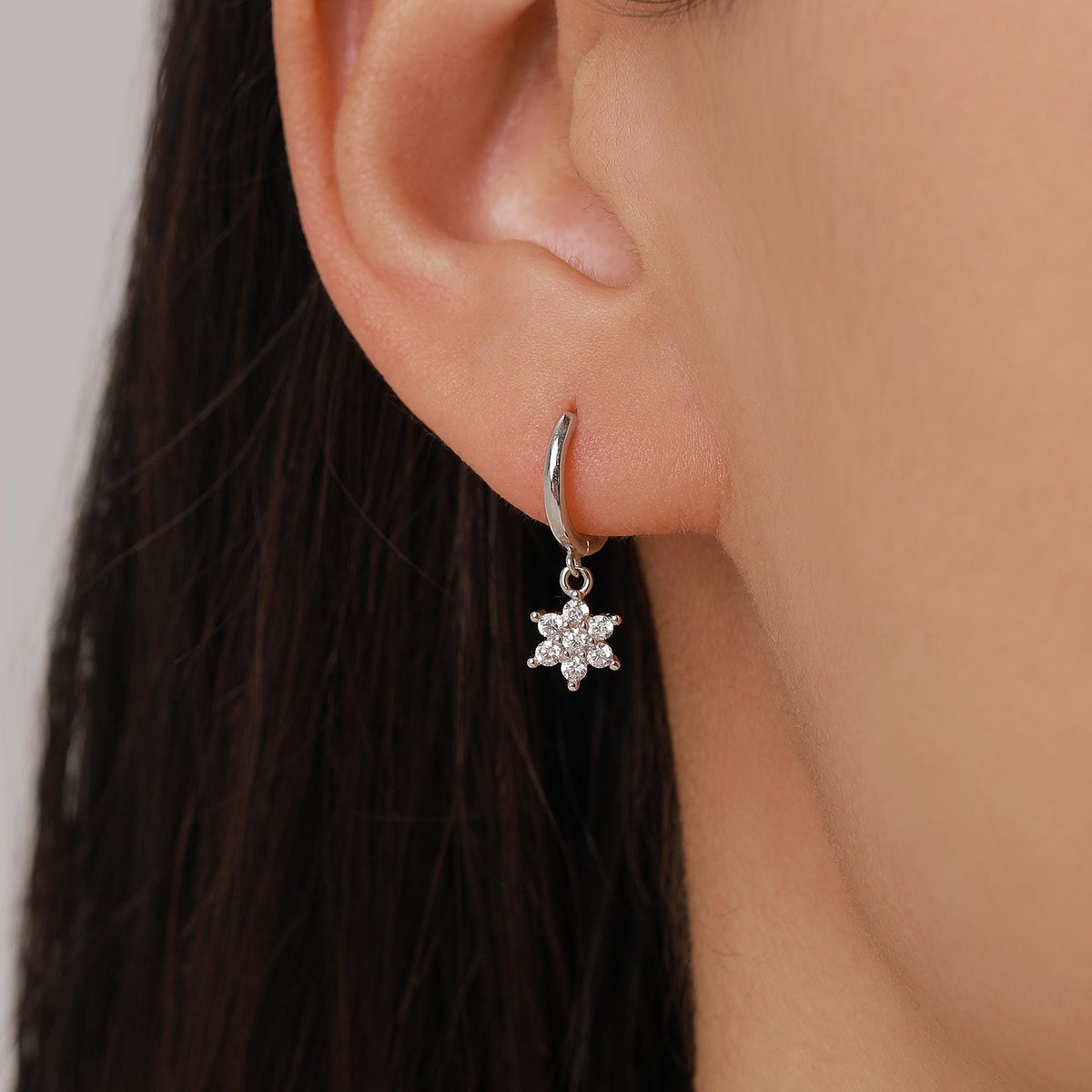 Tiny CZ Flower Dangle Huggie Hoop in Sterling Silver, Silver or Gold or Rose Gold, Skinny CZ Snowflake Earrings, CZ Flower Hoops