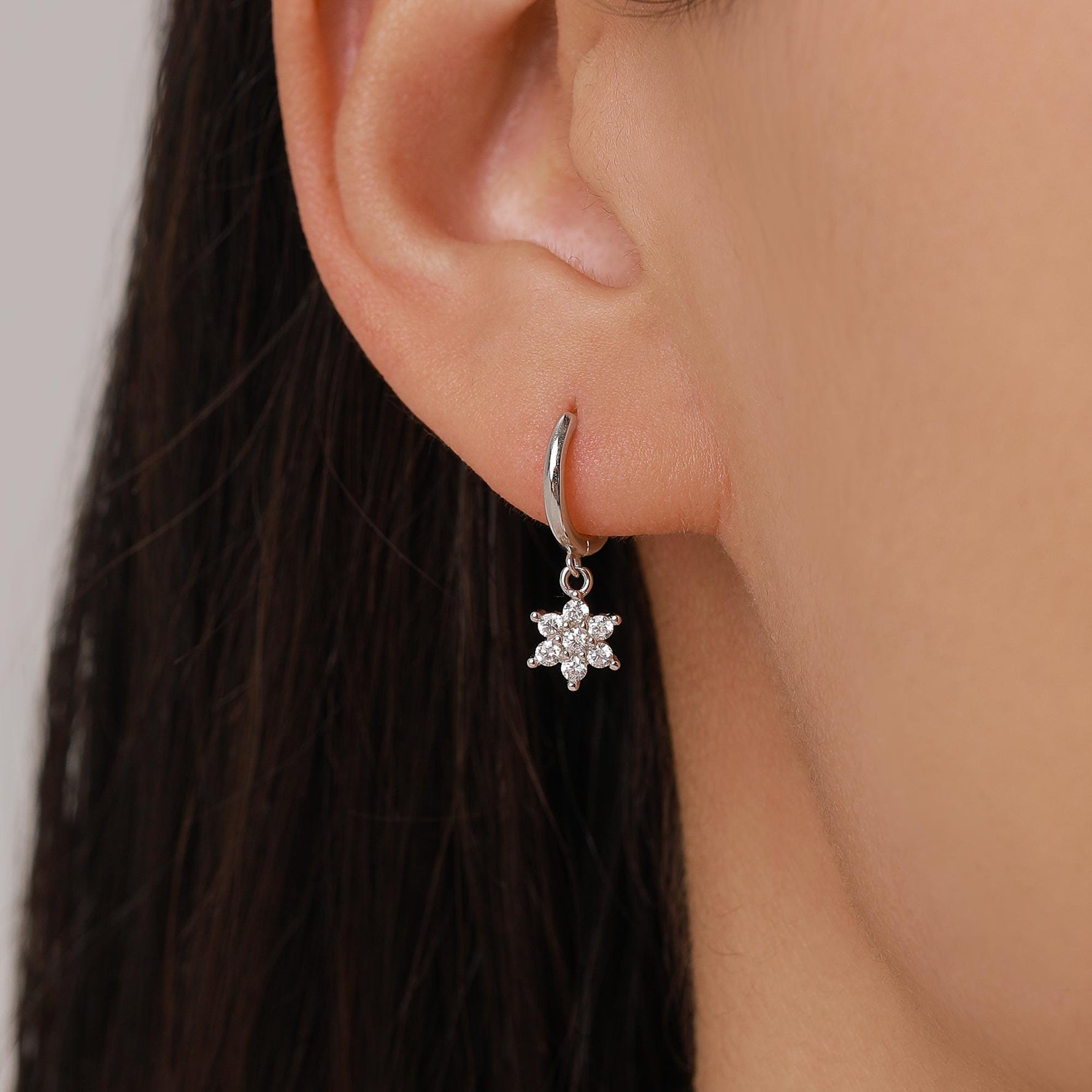 Tiny CZ Flower Dangle Huggie Hoop in Sterling Silver, Silver or Gold or Rose Gold, Skinny CZ Snowflake Earrings, CZ Flower Hoops