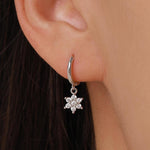 Tiny CZ Flower Dangle Huggie Hoop in Sterling Silver, Silver or Gold or Rose Gold, Skinny CZ Snowflake Earrings, CZ Flower Hoops