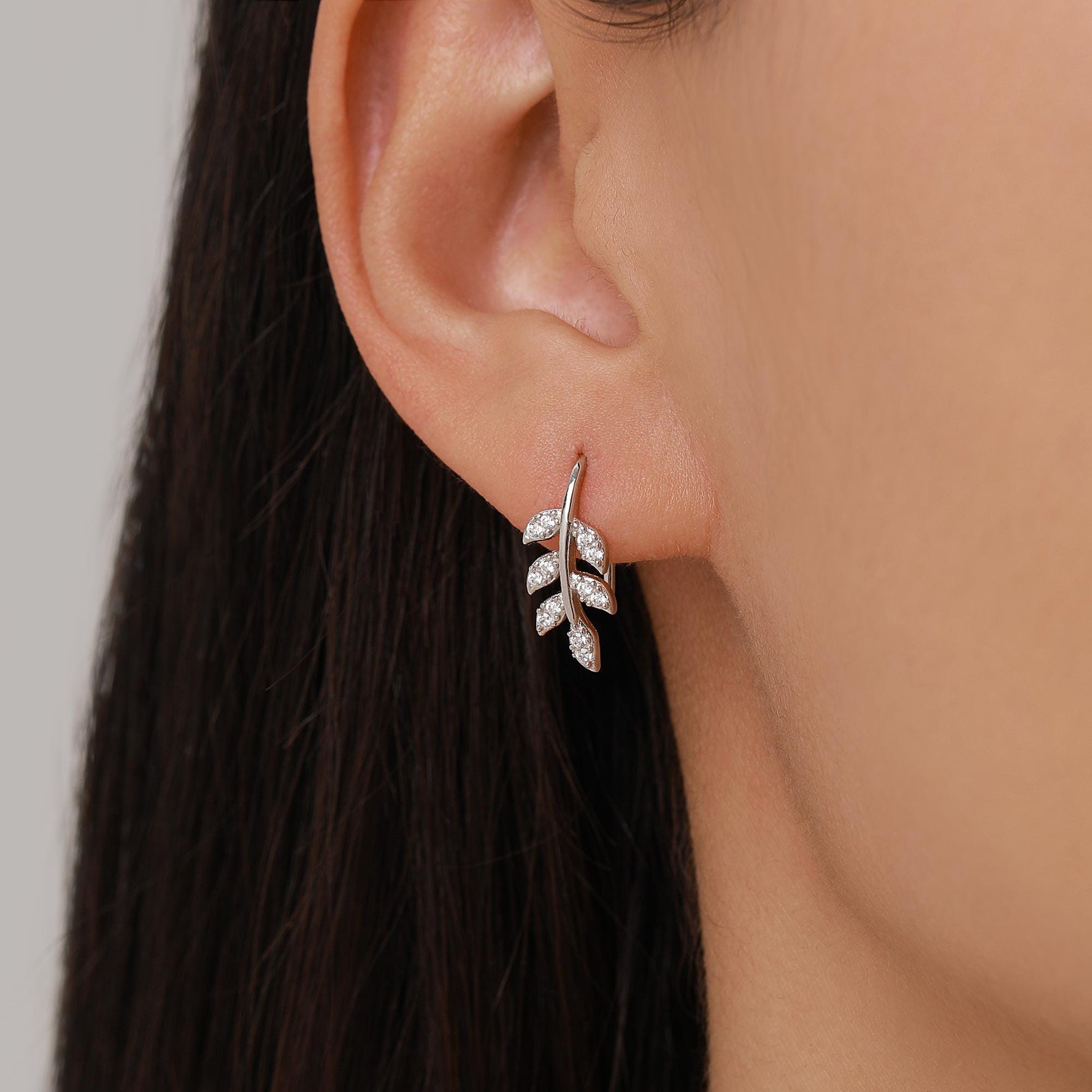 CZ Leaf Mini Crawler Earrings in Sterling Silver, Silver, Gold or Rose Gold, Olive Branch Climber Earrings, Nature Inspired Ear Climbers