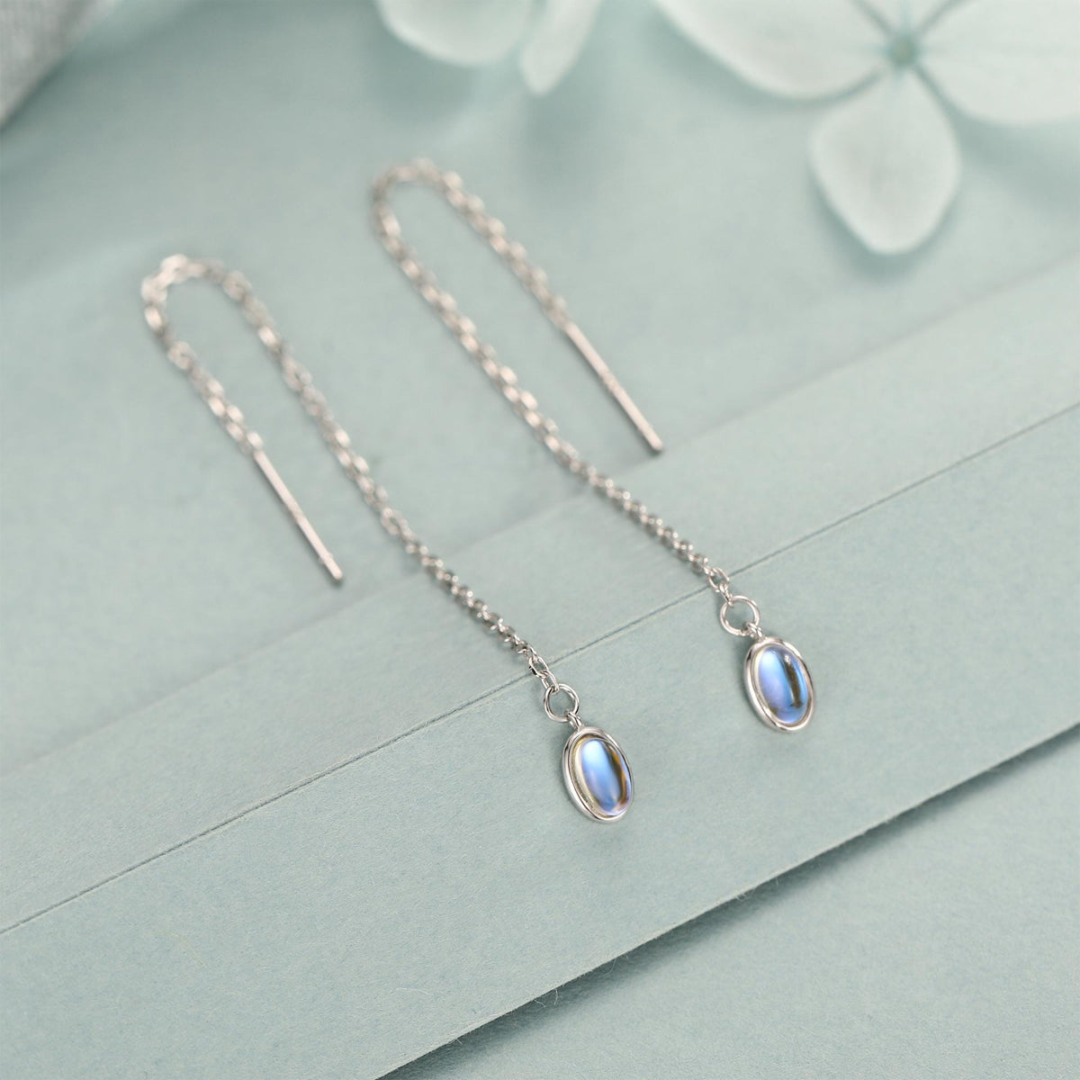 Moonstone Oval Threader Earrings in Sterling Silver, Simulated Moonstone Threaders, Mermaid Crystal Earrings, Ear Threaders