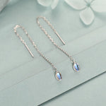 Moonstone Oval Threader Earrings in Sterling Silver, Simulated Moonstone Threaders, Mermaid Crystal Earrings, Ear Threaders