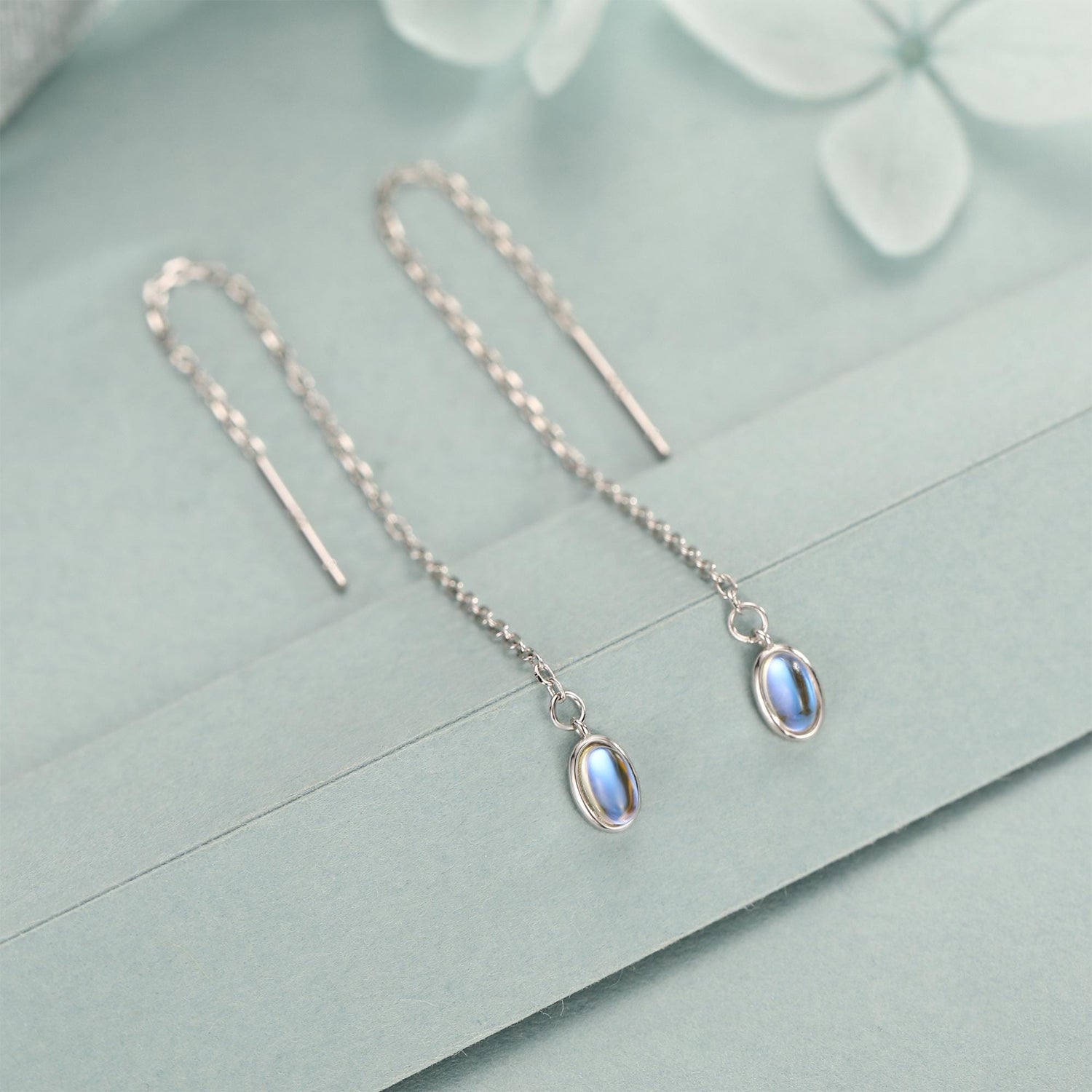 Moonstone Oval Threader Earrings in Sterling Silver, Simulated Moonstone Threaders, Mermaid Crystal Earrings, Ear Threaders