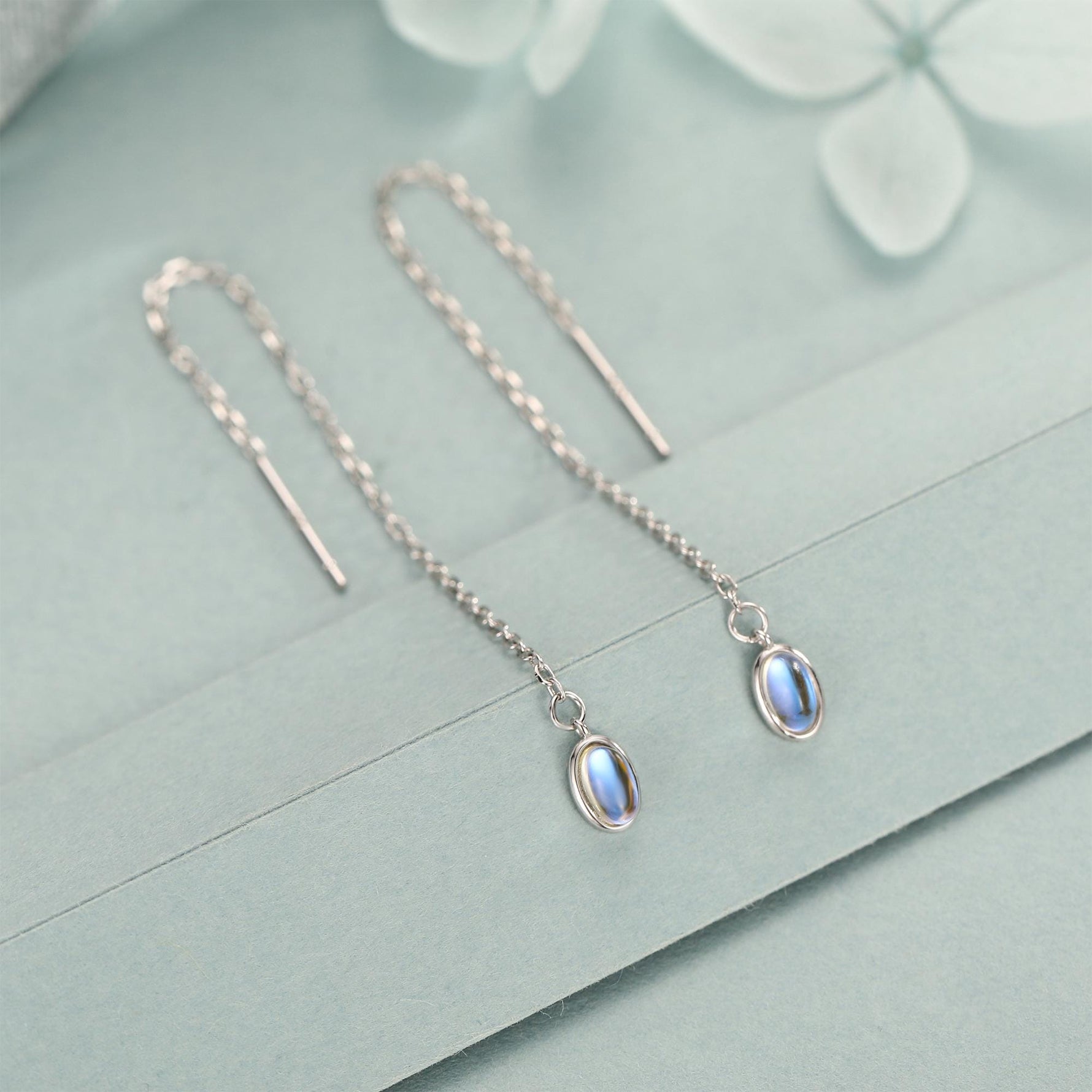 Moonstone Oval Threader Earrings in Sterling Silver, Simulated Moonstone Threaders, Mermaid Crystal Earrings, Ear Threaders
