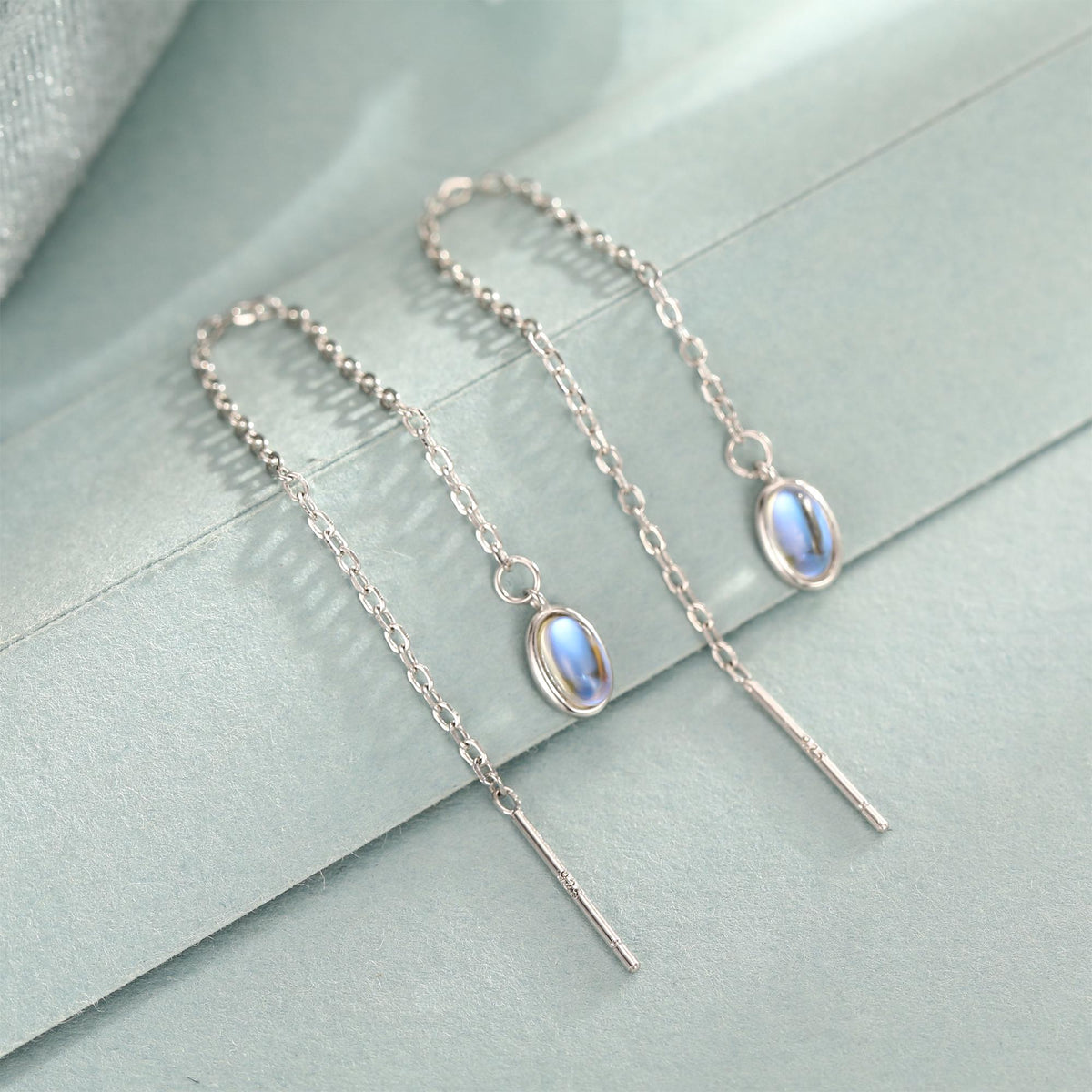 Moonstone Oval Threader Earrings in Sterling Silver, Simulated Moonstone Threaders, Mermaid Crystal Earrings, Ear Threaders