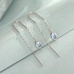 Moonstone Oval Threader Earrings in Sterling Silver, Simulated Moonstone Threaders, Mermaid Crystal Earrings, Ear Threaders
