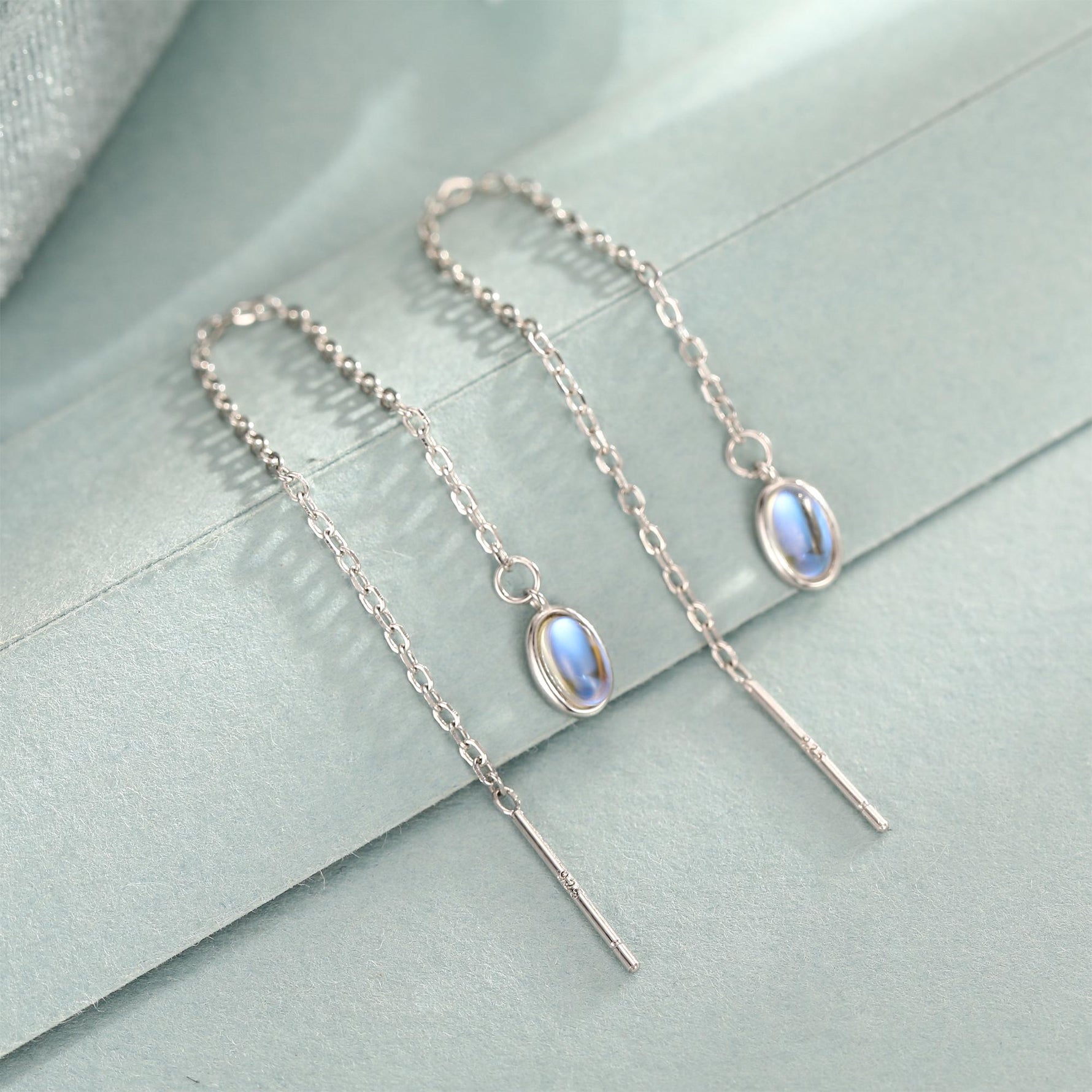 Moonstone Oval Threader Earrings in Sterling Silver, Simulated Moonstone Threaders, Mermaid Crystal Earrings, Ear Threaders