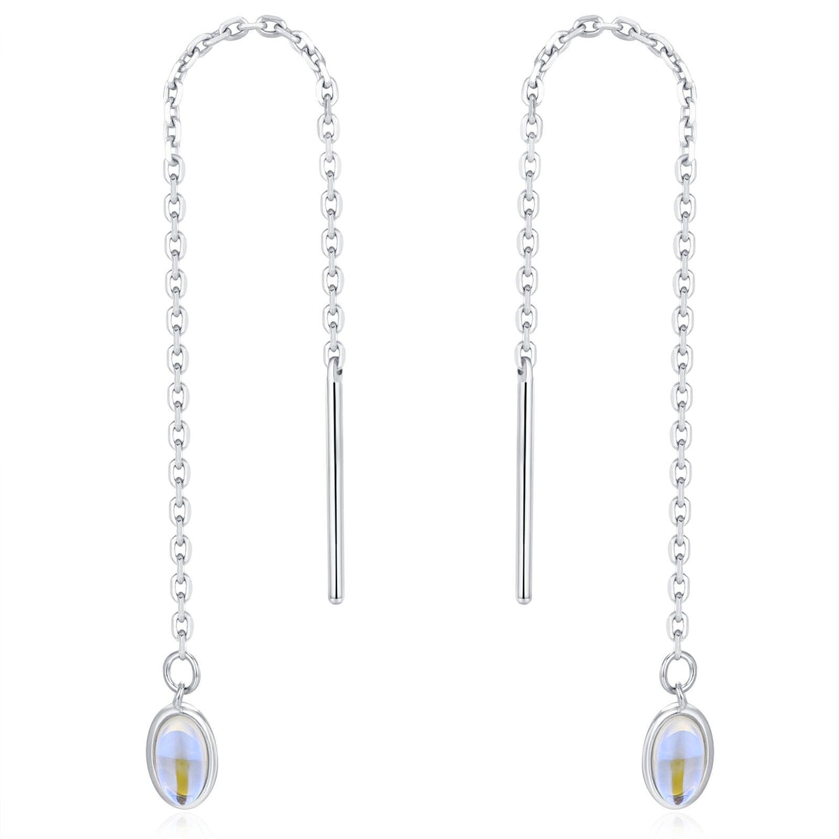 Moonstone Oval Threader Earrings in Sterling Silver, Simulated Moonstone Threaders, Mermaid Crystal Earrings, Ear Threaders