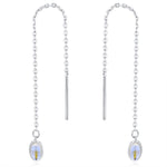 Moonstone Oval Threader Earrings in Sterling Silver, Simulated Moonstone Threaders, Mermaid Crystal Earrings, Ear Threaders