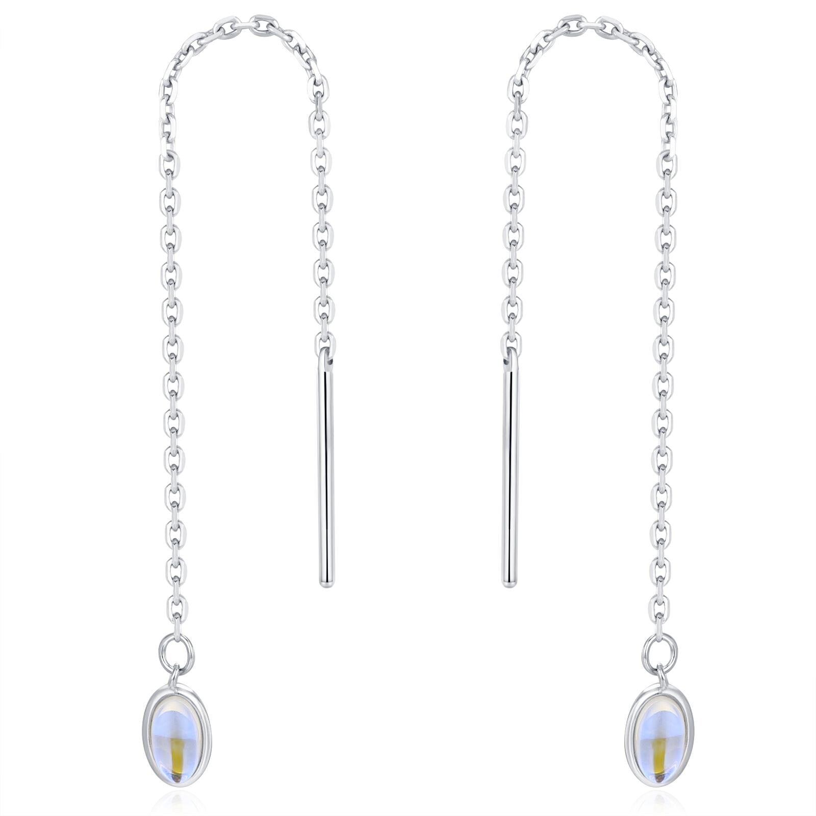 Moonstone Oval Threader Earrings in Sterling Silver, Simulated Moonstone Threaders, Mermaid Crystal Earrings, Ear Threaders