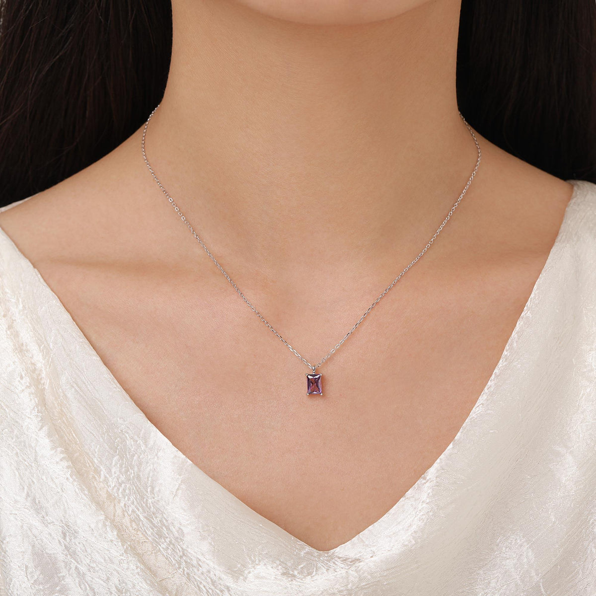 Emerald Cut Amethyst Purple CZ Pendant Necklace in Sterling Silver, Rectangular Cut Crystal Earrings, Purple CZ Necklace