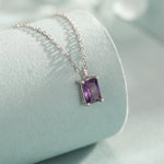 Emerald Cut Amethyst Purple CZ Pendant Necklace in Sterling Silver, Rectangular Cut Crystal Earrings, Purple CZ Necklace