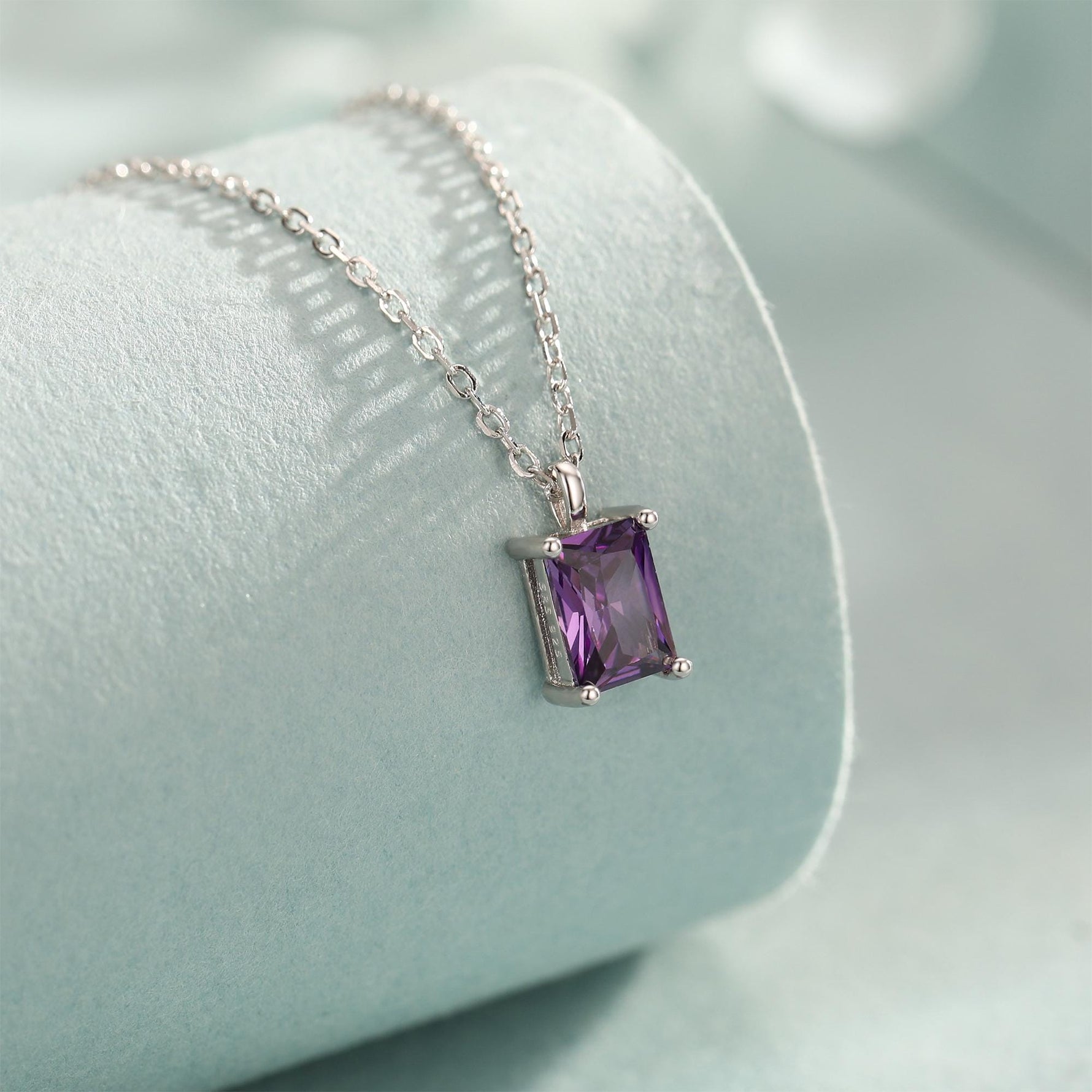 Emerald Cut Amethyst Purple CZ Pendant Necklace in Sterling Silver, Rectangular Cut Crystal Earrings, Purple CZ Necklace