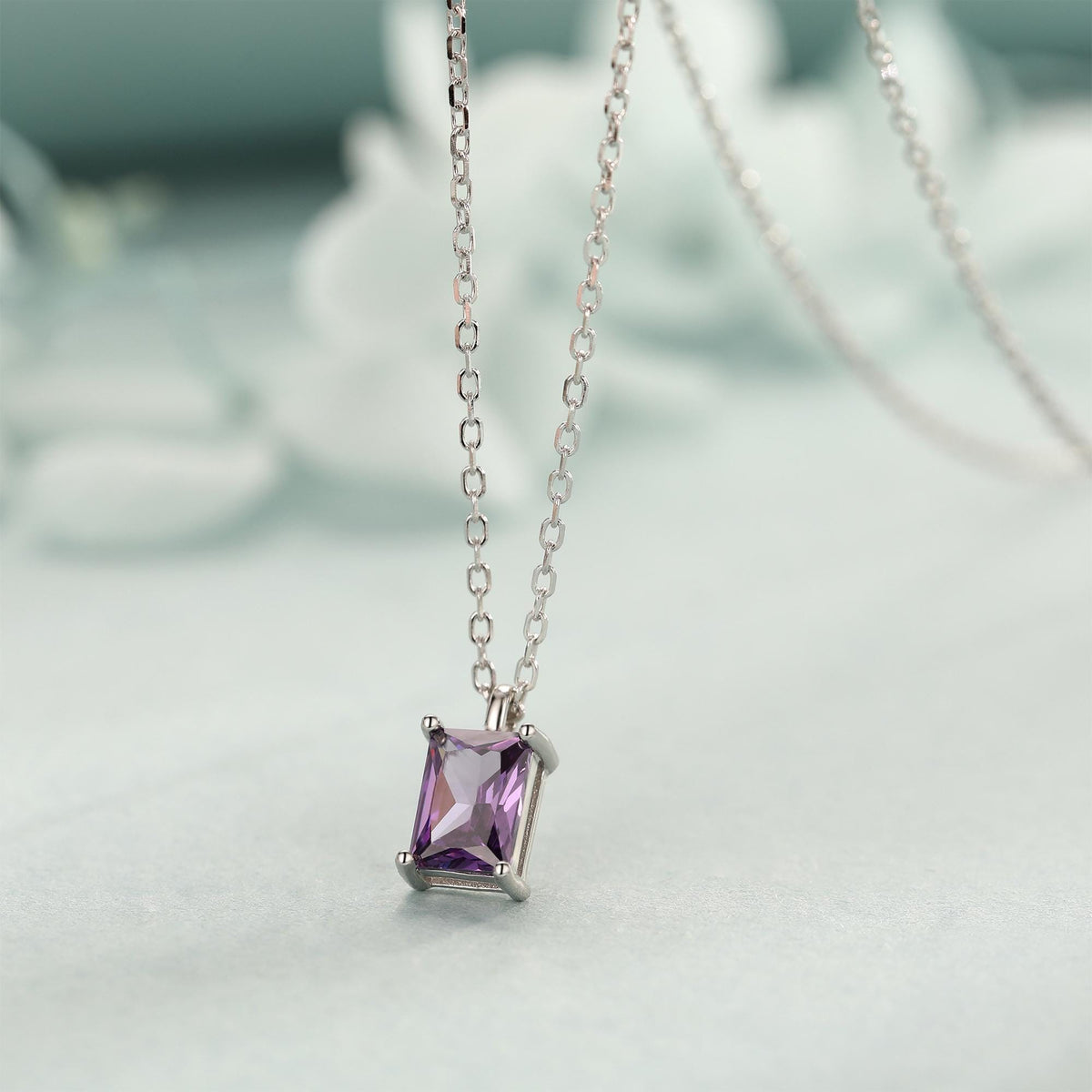 Emerald Cut Amethyst Purple CZ Pendant Necklace in Sterling Silver, Rectangular Cut Crystal Earrings, Purple CZ Necklace