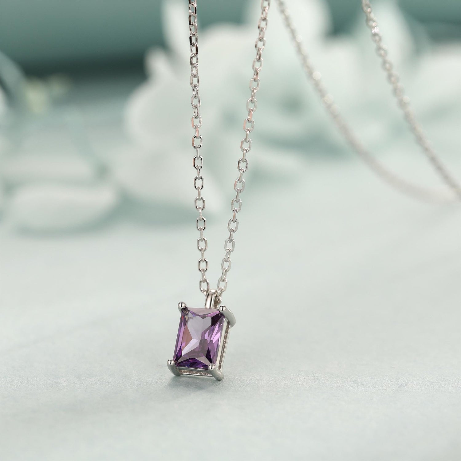 Emerald Cut Amethyst Purple CZ Pendant Necklace in Sterling Silver, Rectangular Cut Crystal Earrings, Purple CZ Necklace