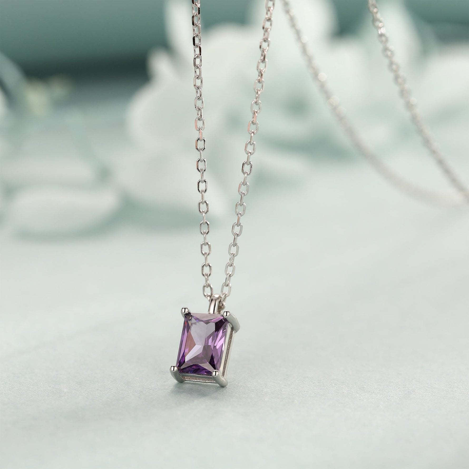 Emerald Cut Amethyst Purple CZ Pendant Necklace in Sterling Silver, Rectangular Cut Crystal Earrings, Purple CZ Necklace