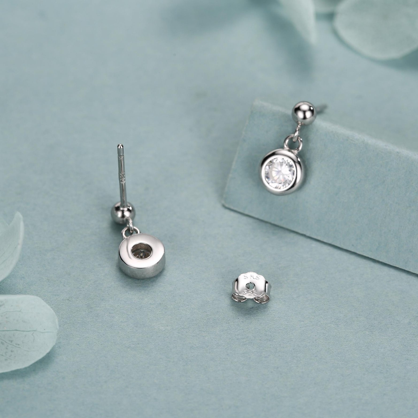 Tiny Dangling Solitaire CZ Stone Drop Stud Earrings in Sterling Silver, Classic Minimalist Geometric Design, Delicate