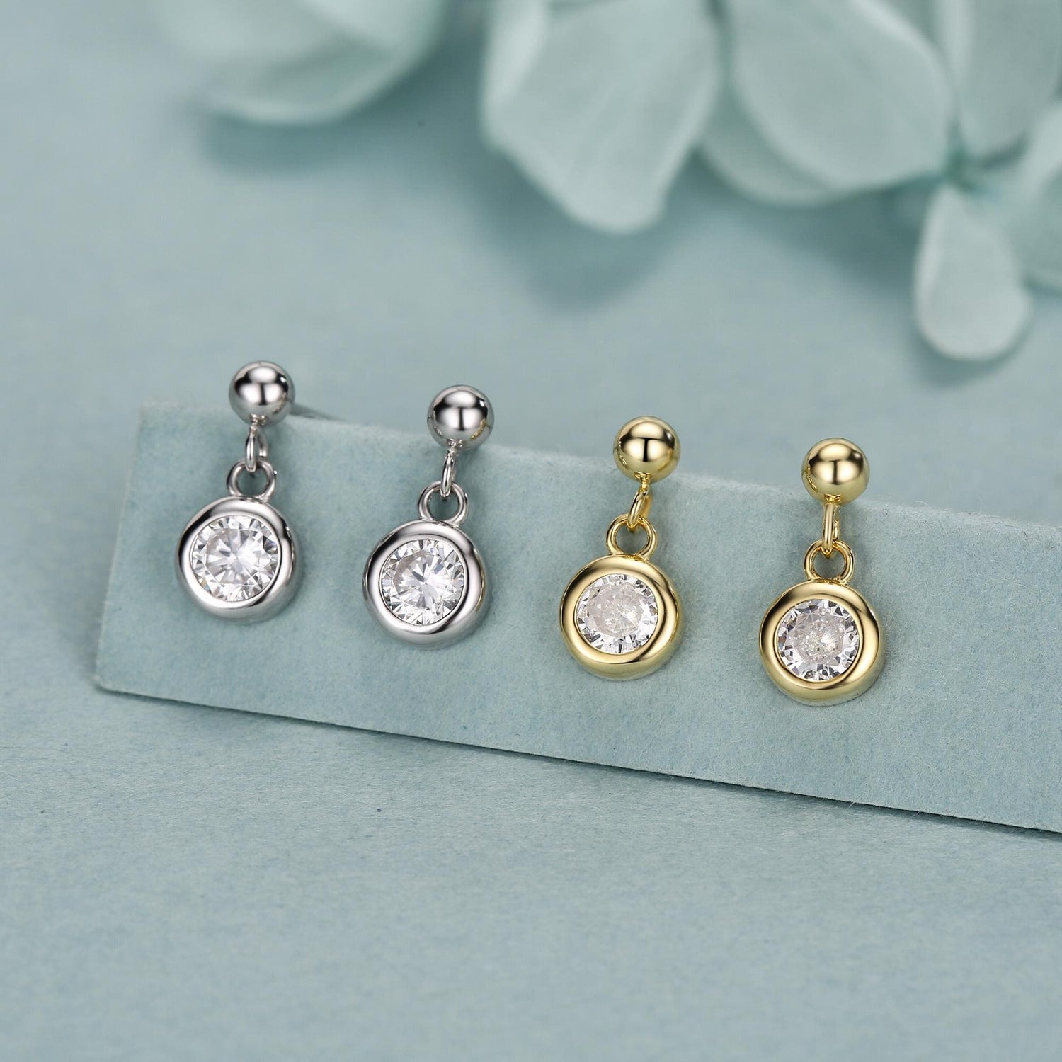 Tiny Dangling Solitaire CZ Stone Drop Stud Earrings in Sterling Silver, Classic Minimalist Geometric Design, Delicate
