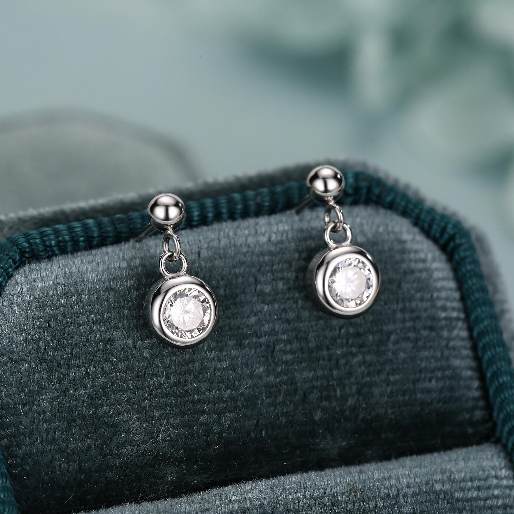 Tiny Dangling Solitaire CZ Stone Drop Stud Earrings in Sterling Silver, Classic Minimalist Geometric Design, Delicate