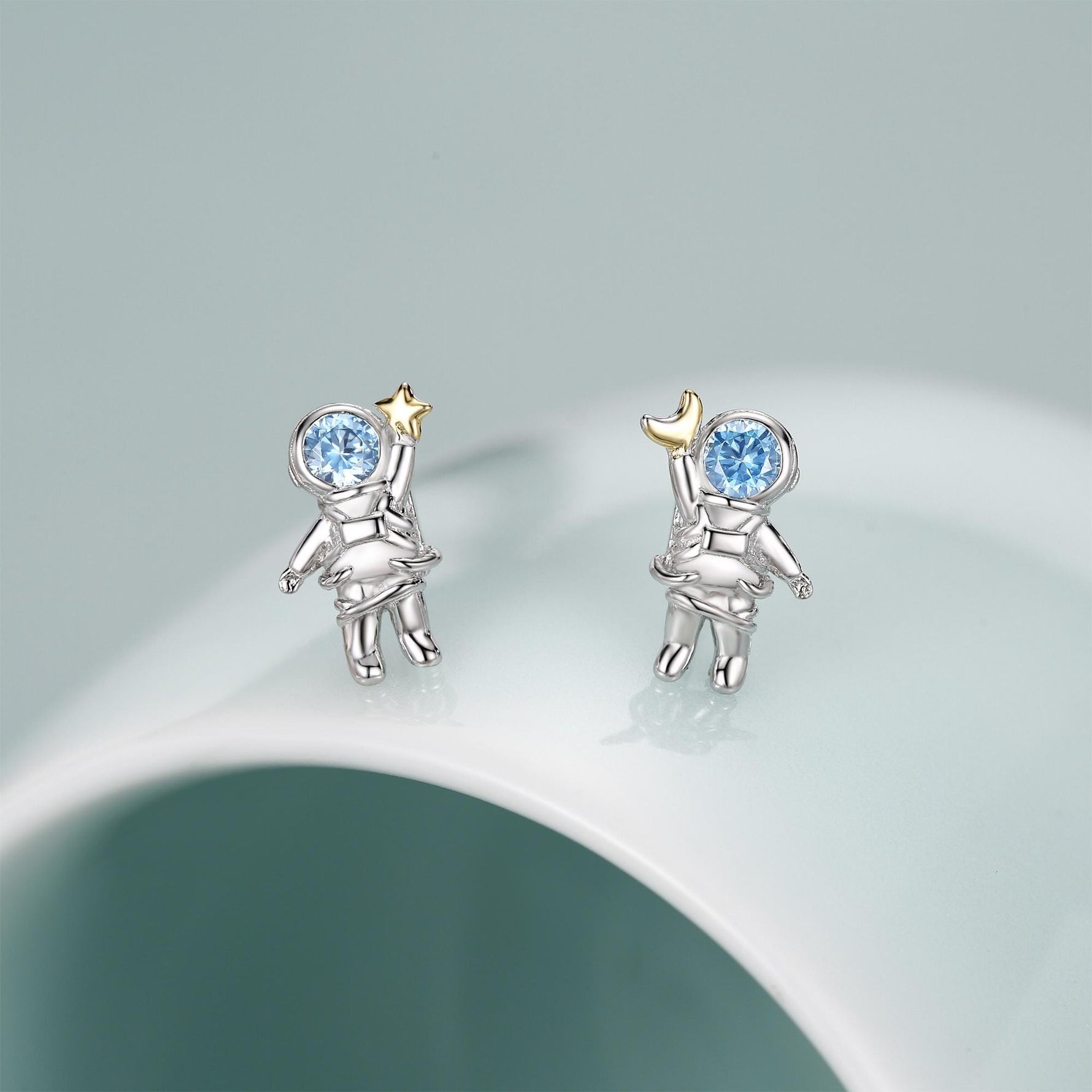 Mismatched Blue CZ Astronaut Moon and Star Stud Earrings in Sterling Silver