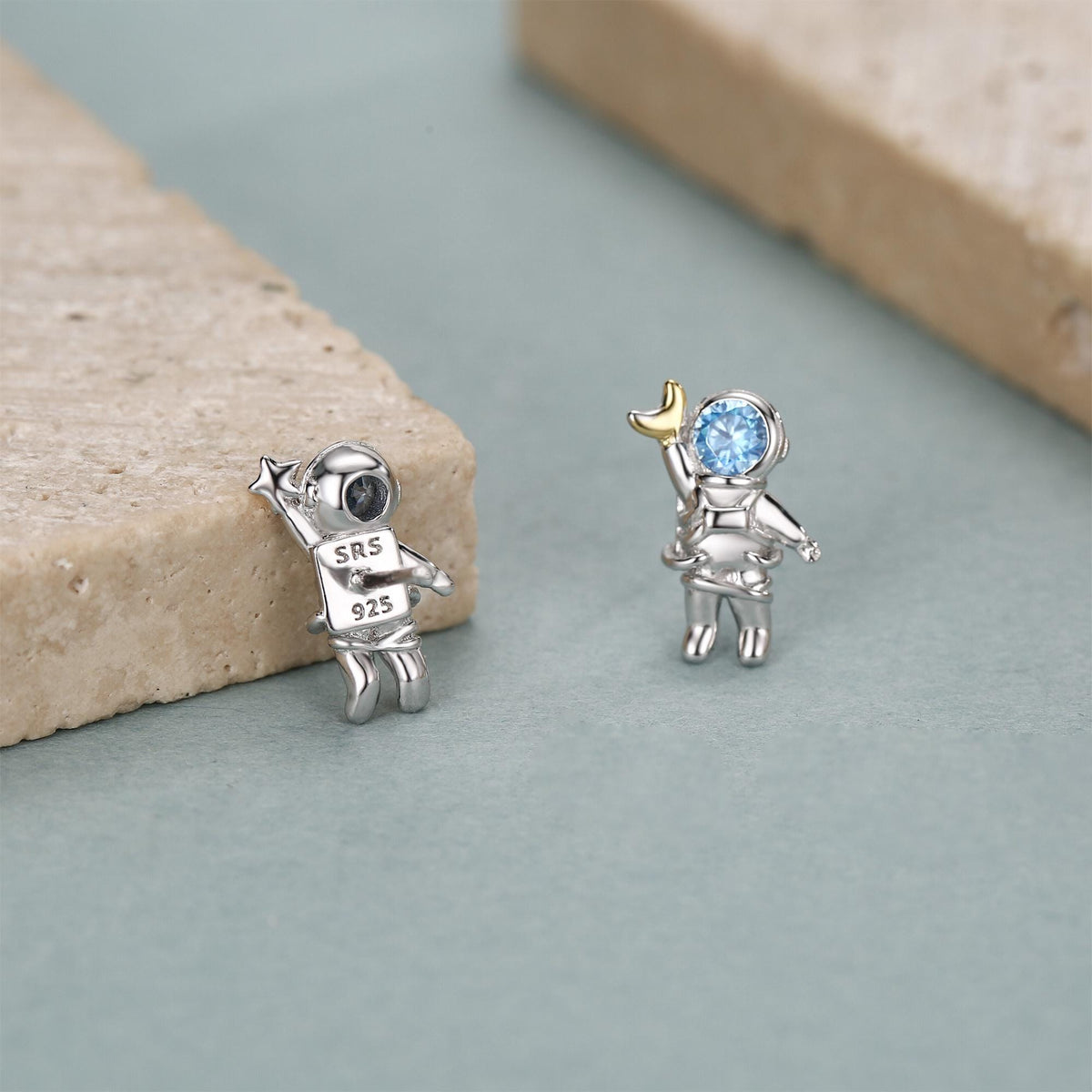 Mismatched Blue CZ Astronaut Moon and Star Stud Earrings in Sterling Silver