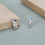 Mismatched Blue CZ Astronaut Moon and Star Stud Earrings in Sterling Silver