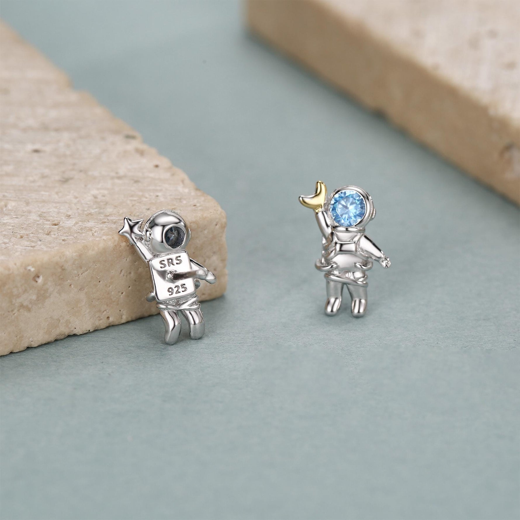 Mismatched Blue CZ Astronaut Moon and Star Stud Earrings in Sterling Silver