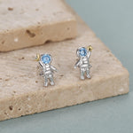 Mismatched Blue CZ Astronaut Moon and Star Stud Earrings in Sterling Silver