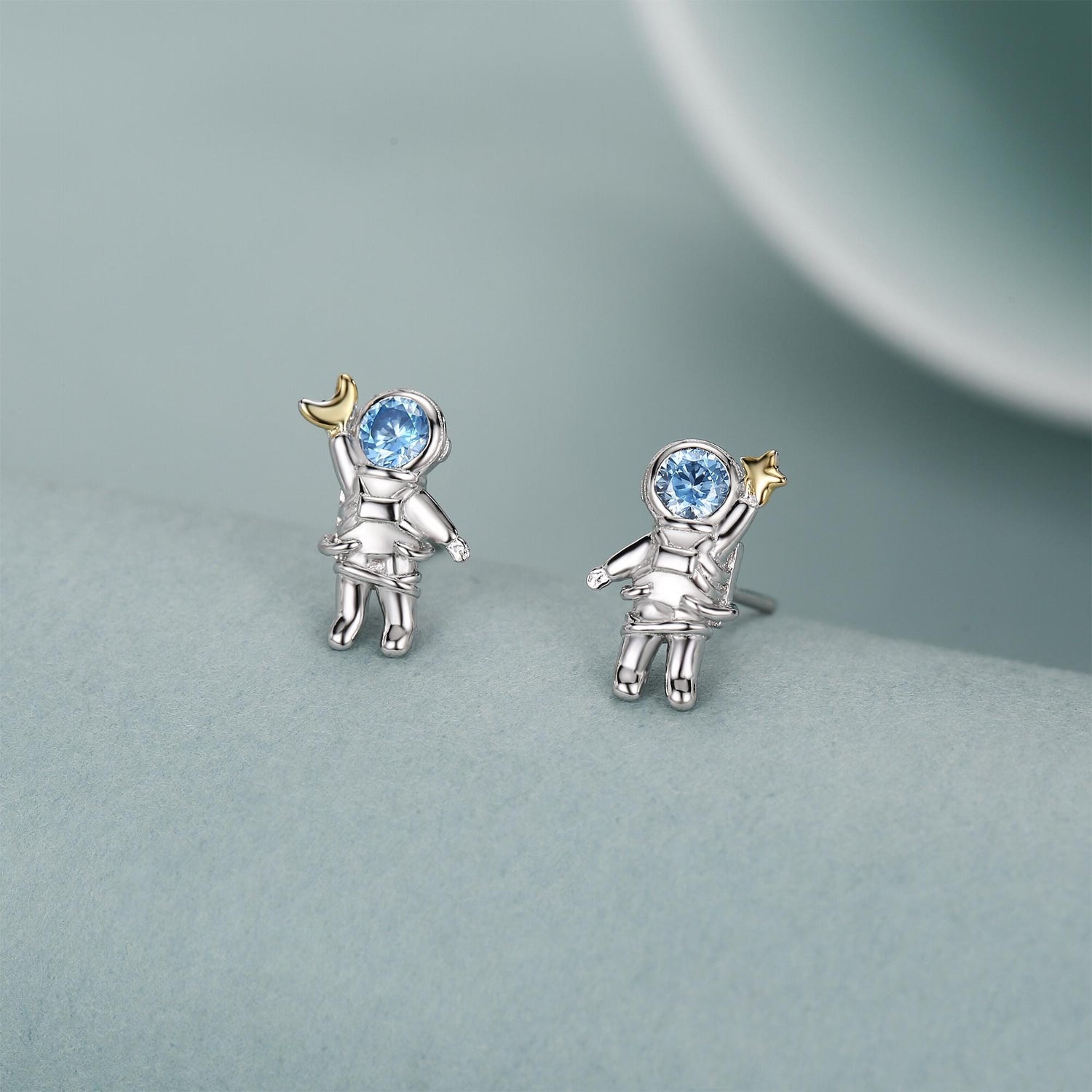Mismatched Blue CZ Astronaut Moon and Star Stud Earrings in Sterling Silver