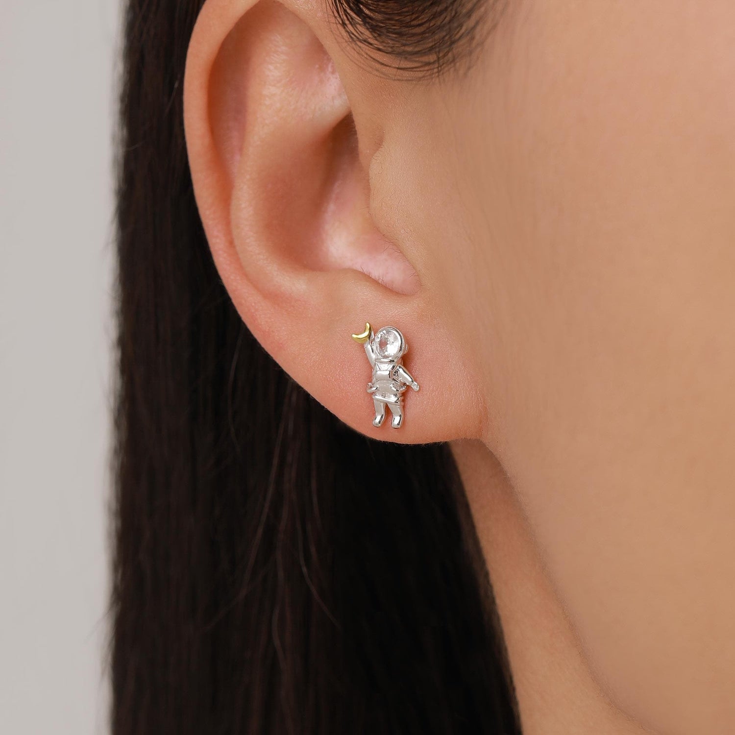 Sterling Silver Clear CZ Astronaut Moon and Star Stud Earrings
