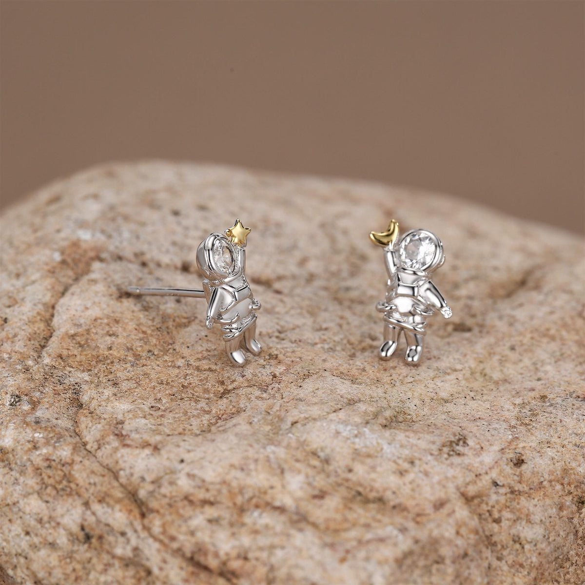 Sterling Silver Clear CZ Astronaut Moon and Star Stud Earrings