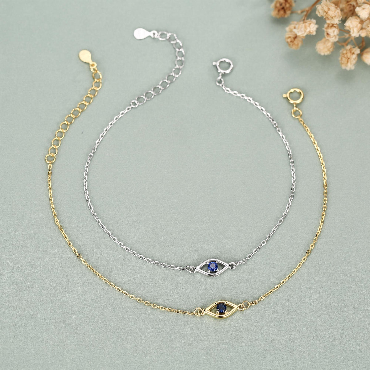 Evil Eye Bracelet in Sterling Silver, Silver or Gold, Hamsa Hand Evil Eye Bracelet, Sapphire Blue CZ Eye Bracelet