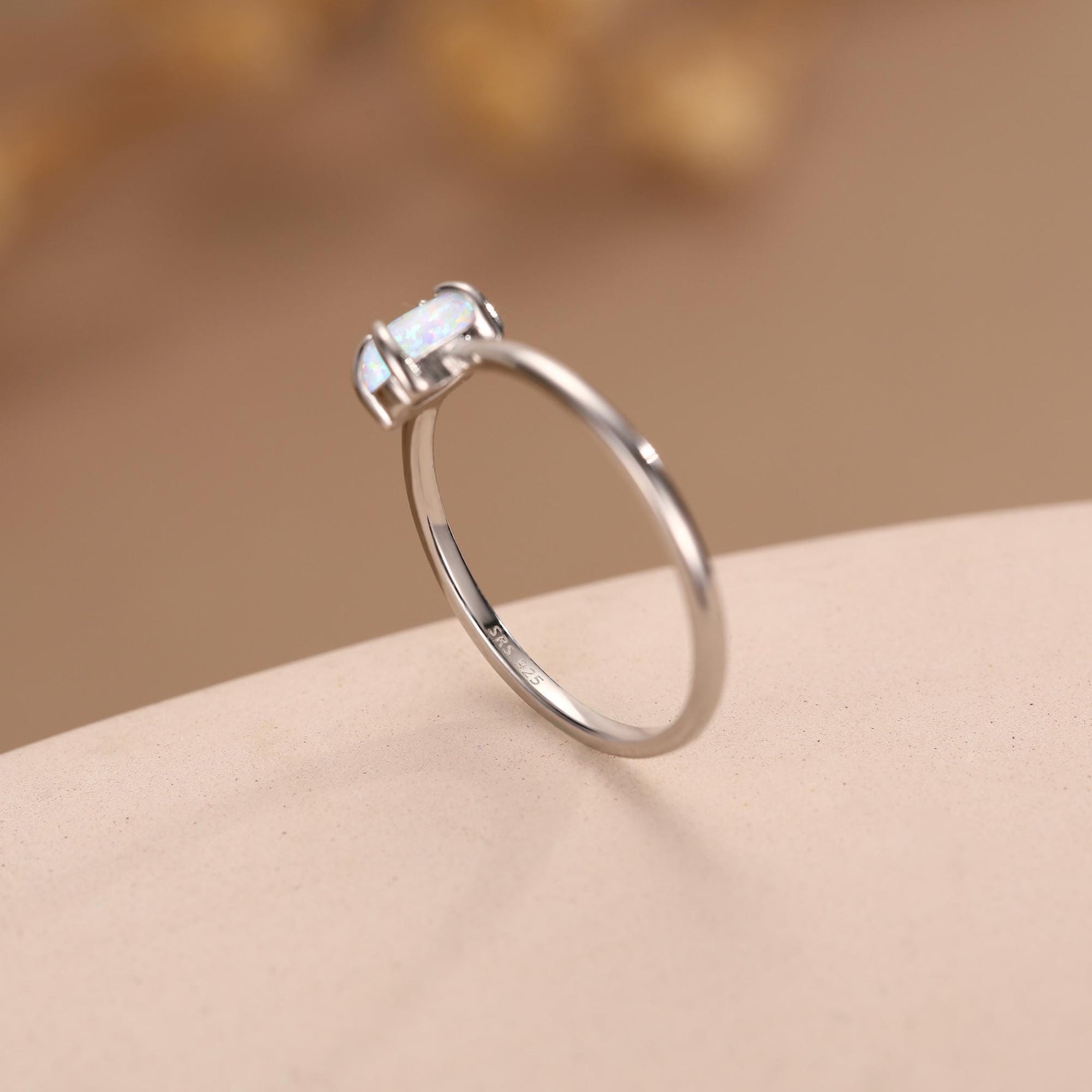 Fire Opal Ring in Sterling Silver, US 5 - 8, 4x6mm, Lab Opal Stone Ring, White Opal Ring