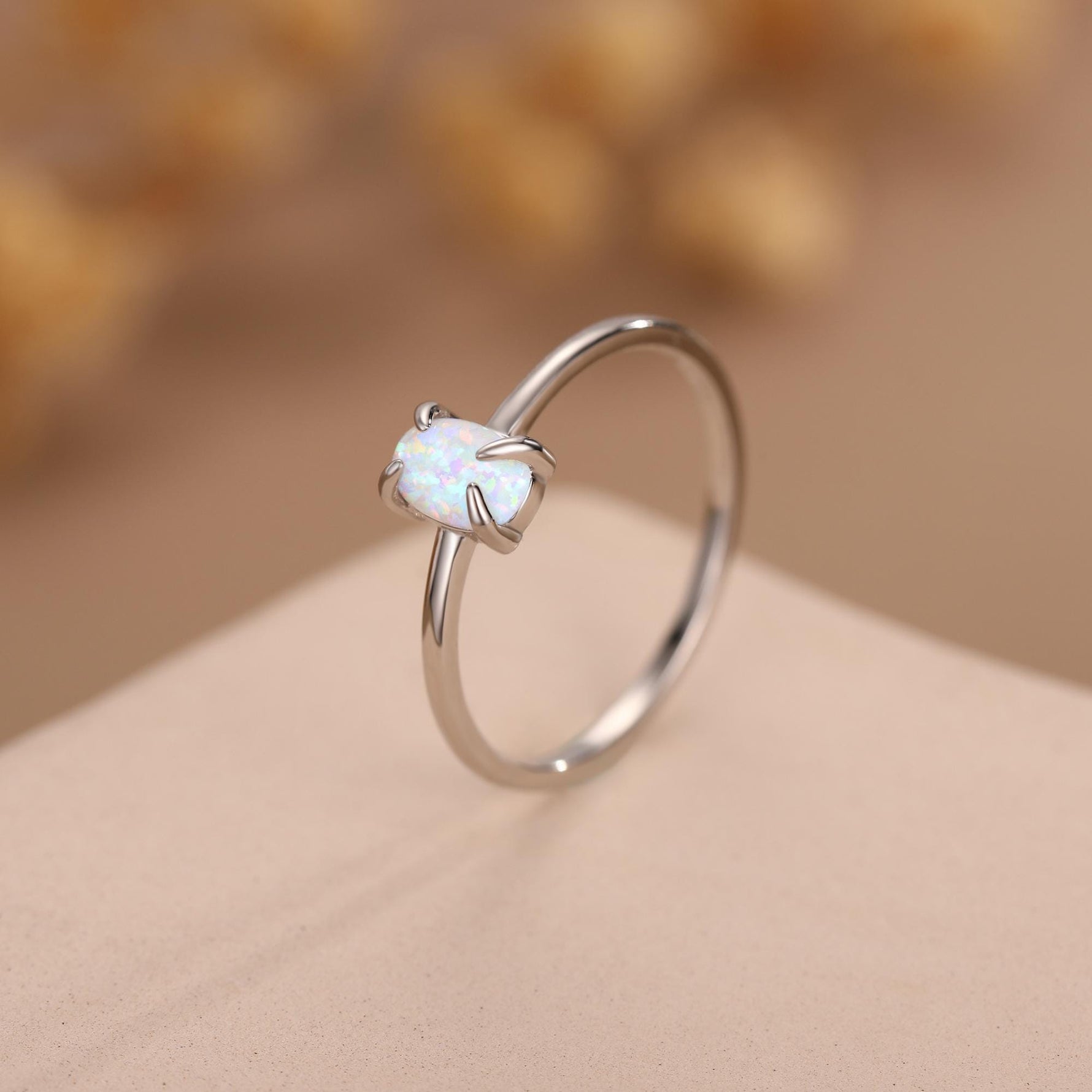 Fire Opal Ring in Sterling Silver, US 5 - 8, 4x6mm, Lab Opal Stone Ring, White Opal Ring