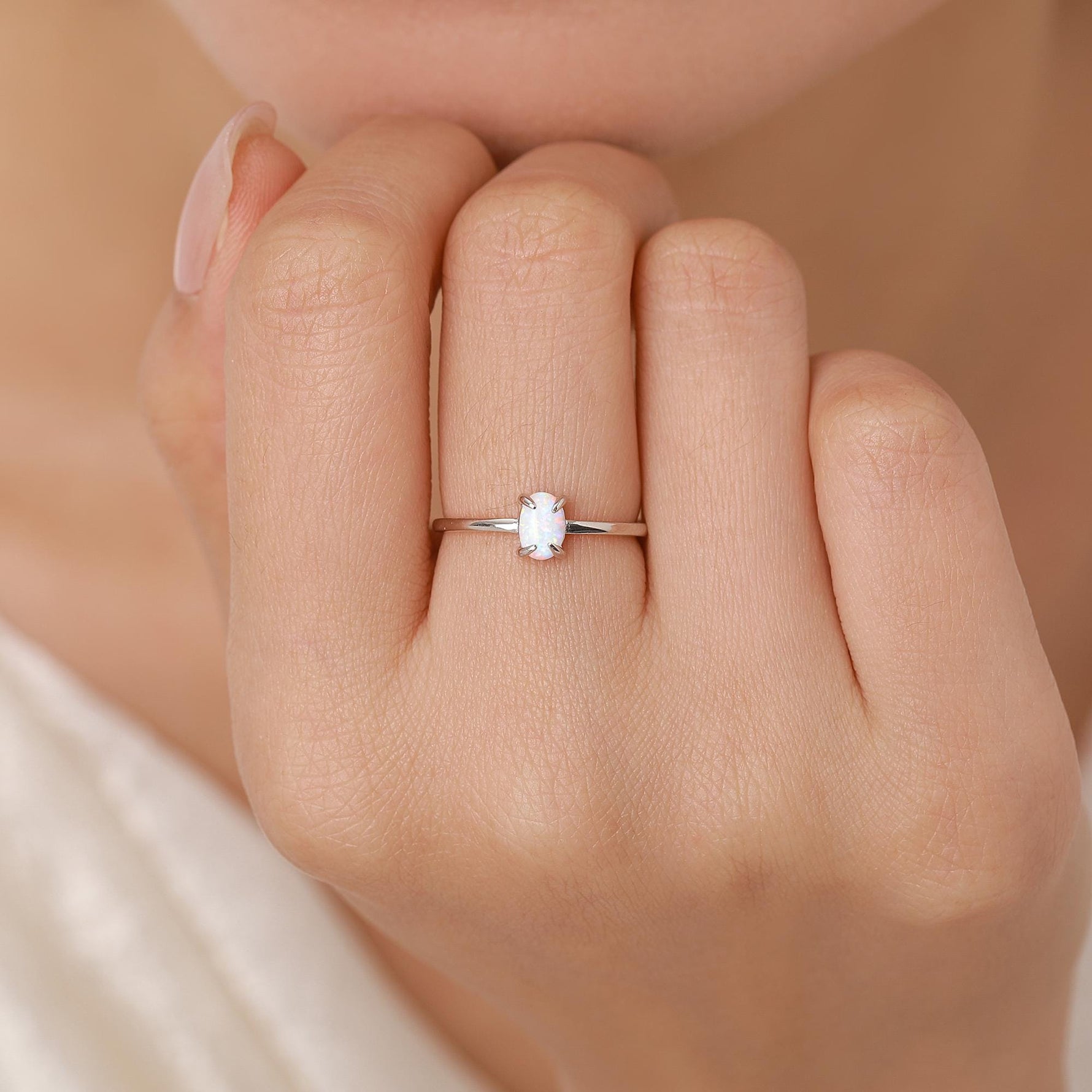 Fire Opal Ring in Sterling Silver, US 5 - 8, 4x6mm, Lab Opal Stone Ring, White Opal Ring