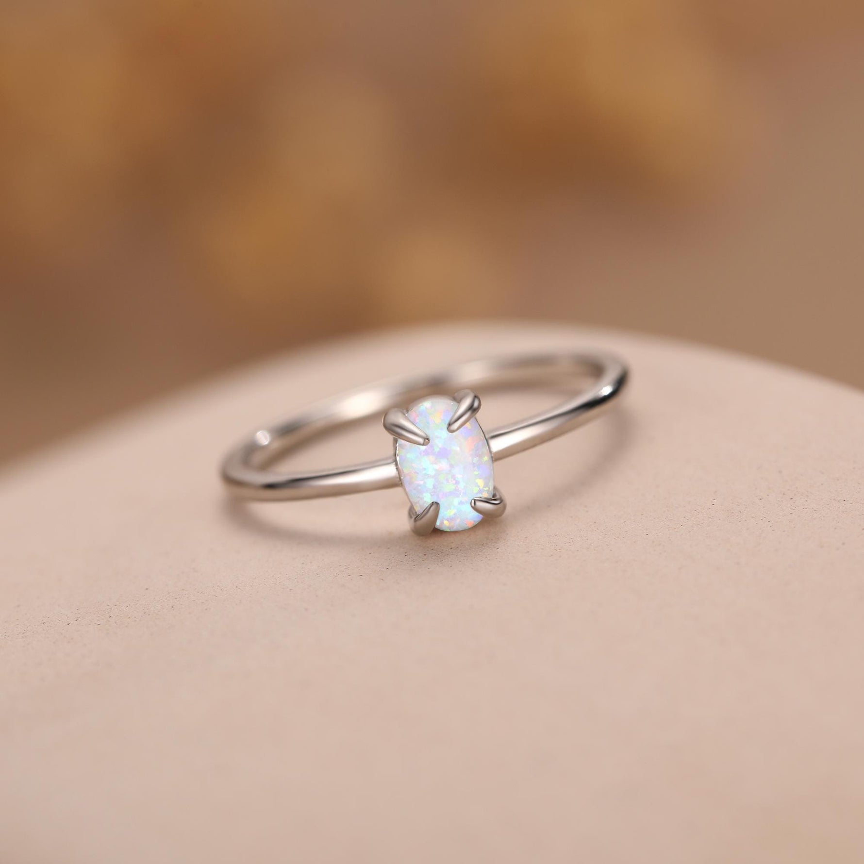 Fire Opal Ring in Sterling Silver, US 5 - 8, 4x6mm, Lab Opal Stone Ring, White Opal Ring