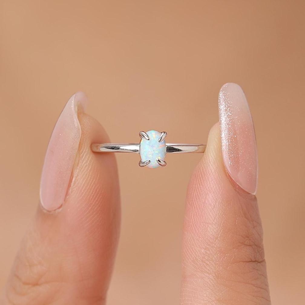 Fire Opal Ring in Sterling Silver, US 5 - 8, 4x6mm, Lab Opal Stone Ring, White Opal Ring