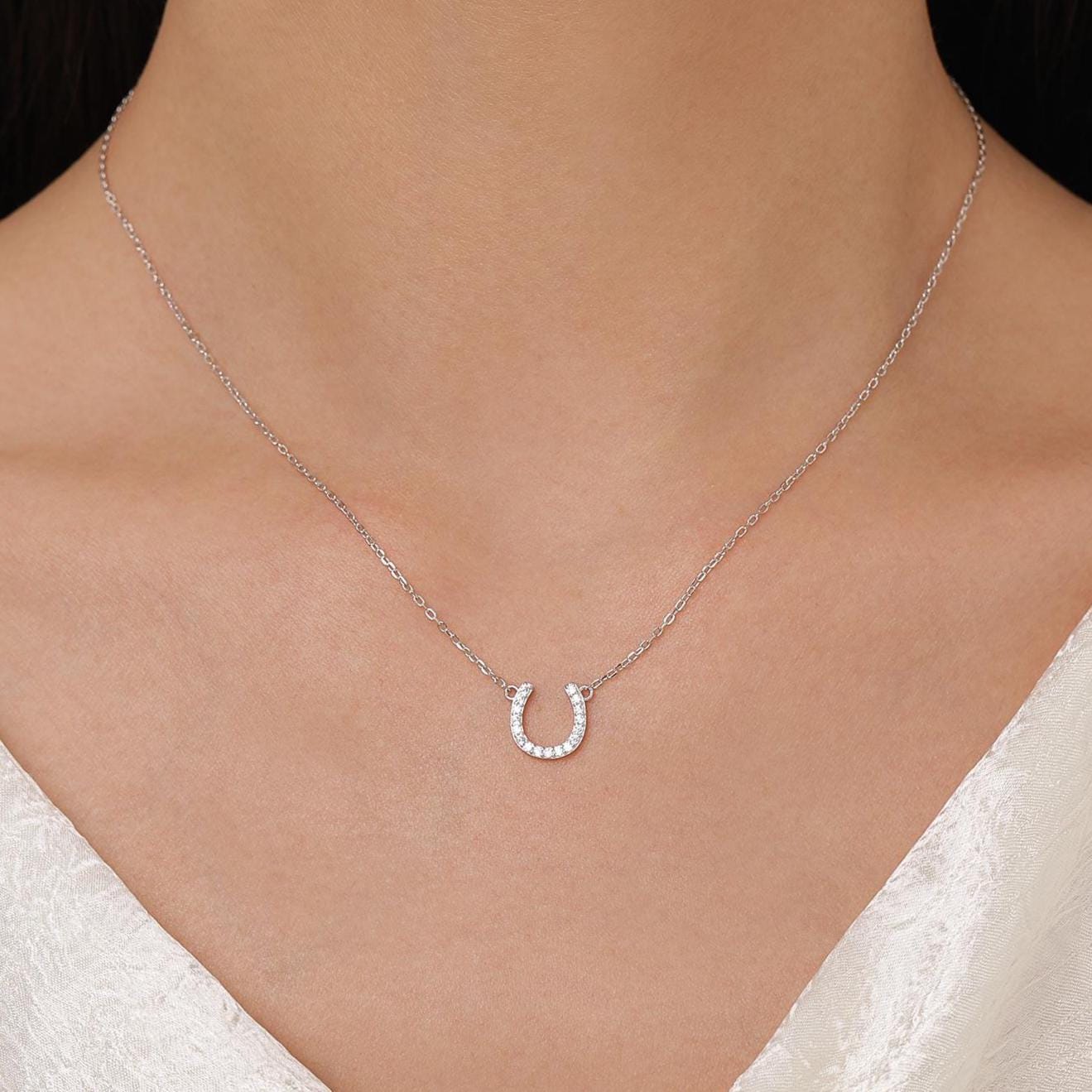 Tiny CZ Horseshoe Necklace in Sterling Silver, Silver or Gold, Adjustable 16'' - 18'' - Cute Quirky and Fun Jewellery, Horse Necklace
