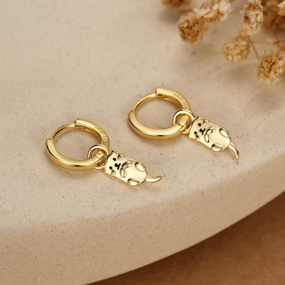 Dangling Otter Huggie Hoops in Sterling Silver, Silver or Gold, Otter Earrings, Detachable and Interchangeable