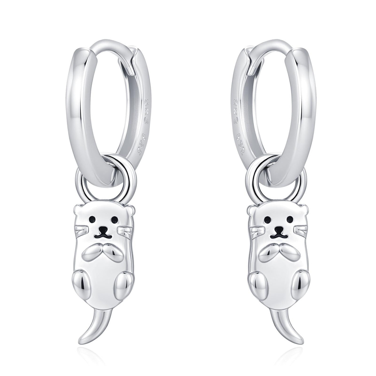 Dangling Otter Huggie Hoops in Sterling Silver, Silver or Gold, Otter Earrings, Detachable and Interchangeable
