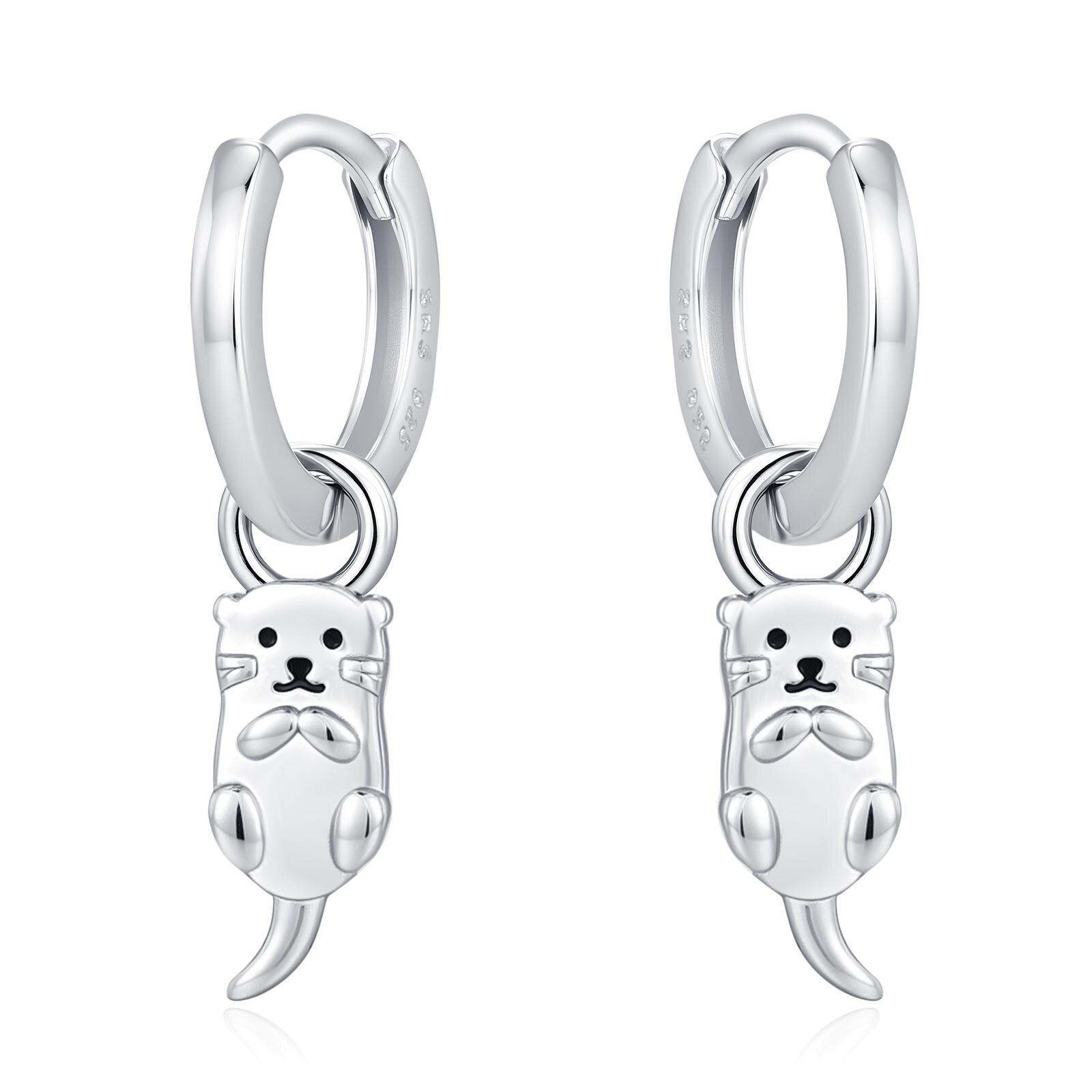 Dangling Otter Huggie Hoops in Sterling Silver, Silver or Gold, Otter Earrings, Detachable and Interchangeable